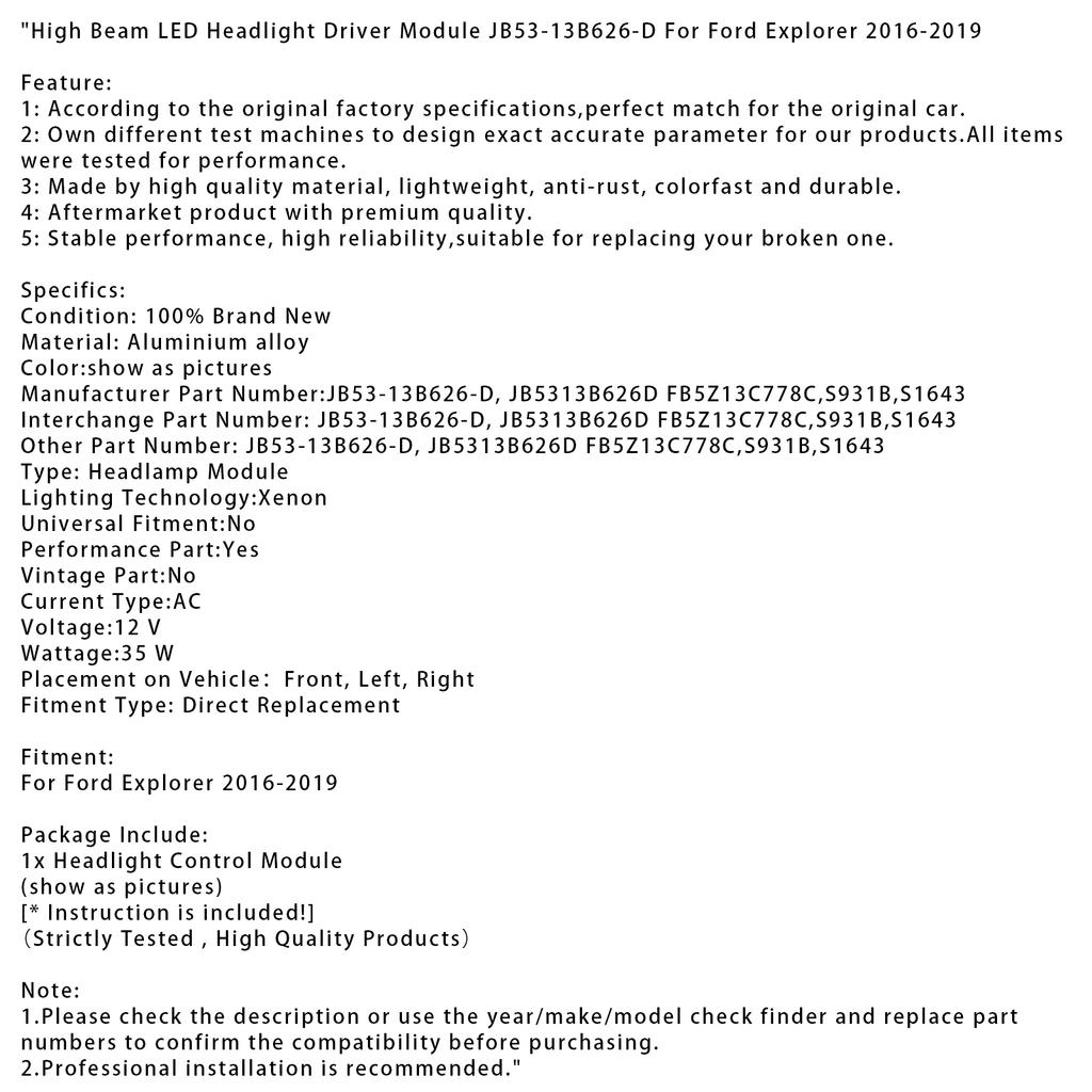 Fernlicht LED Scheinwerfer Treibermodul JB53-13B626-D Für Ford Explorer 2016-2019