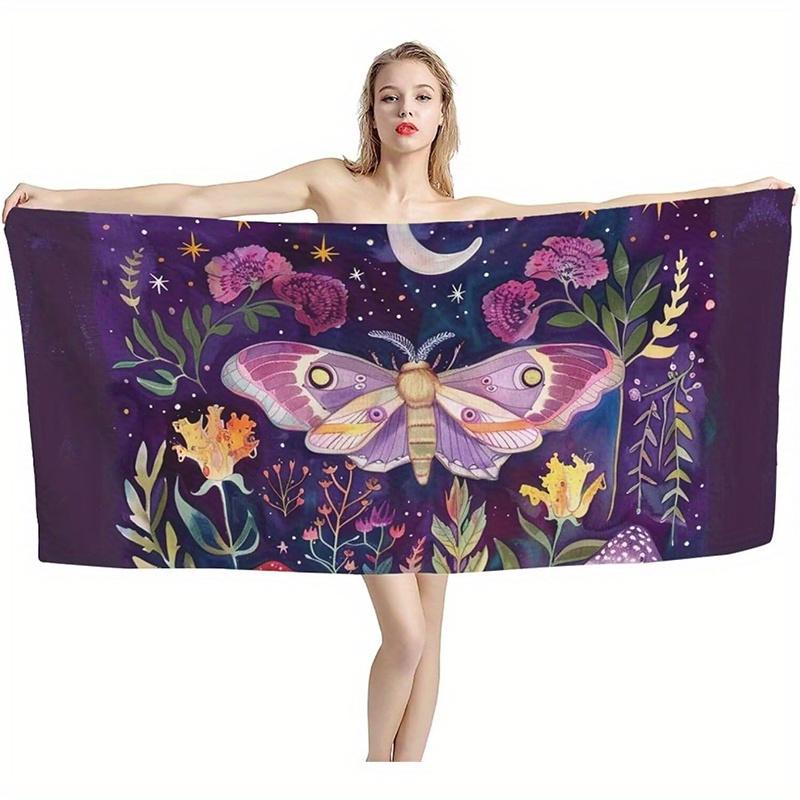 Beach Towel Fantasy Night Moth and Flower Pattern Sun Protection Windproof Suitable for Swimming Pool Camping Travel Blanket