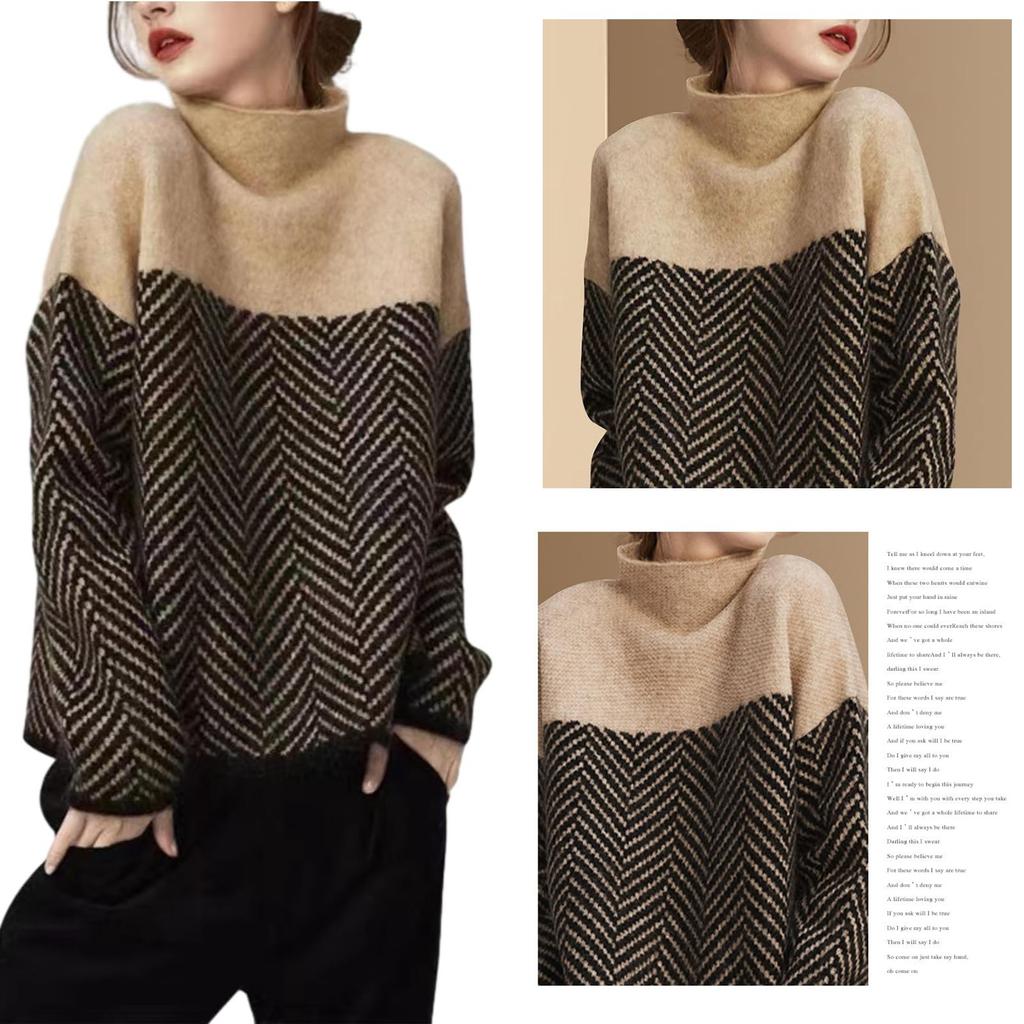 RoyzTocz Striped Turtleneck Knit Long Korean Perfect for Going and Winter Women's Sweater, Sleeve, Slimming, Style, Versatile, Casual, Cute, Stretchy,