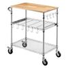 Kitchen Utility Cart, 3 Tier Heavy Duty Adjustable Wire Storage Rack with Wood Tabletop and Handle Bar, Rolling Portable Service Trolley On Wheels,