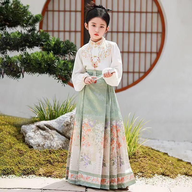 Children's Hanfu Set: Women's Mian Skirt with Embroidered Shirt, 2025 Tang Suit Style.