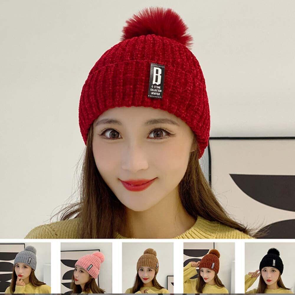 Knitted Bobble Hat Ladies Kids Beanie Warm Winter Pom-Pom Woolly Matching Cap
