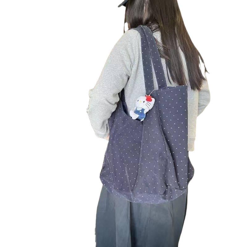 Korean Polka Dot Canvas Tote – Women's Minimalist Shoulder Bag with Large Capacity