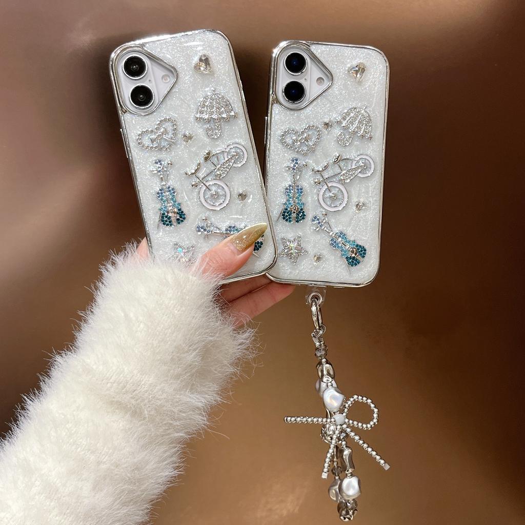 For iPhone 16 Case Guitar Bicycle 3D Epoxy Design Phone Back Cover with Strap