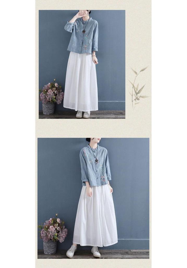 Chinese Style Embroidered Linen Shirt: Retro Long Sleeve with Frog Buttons & Stand Collar
