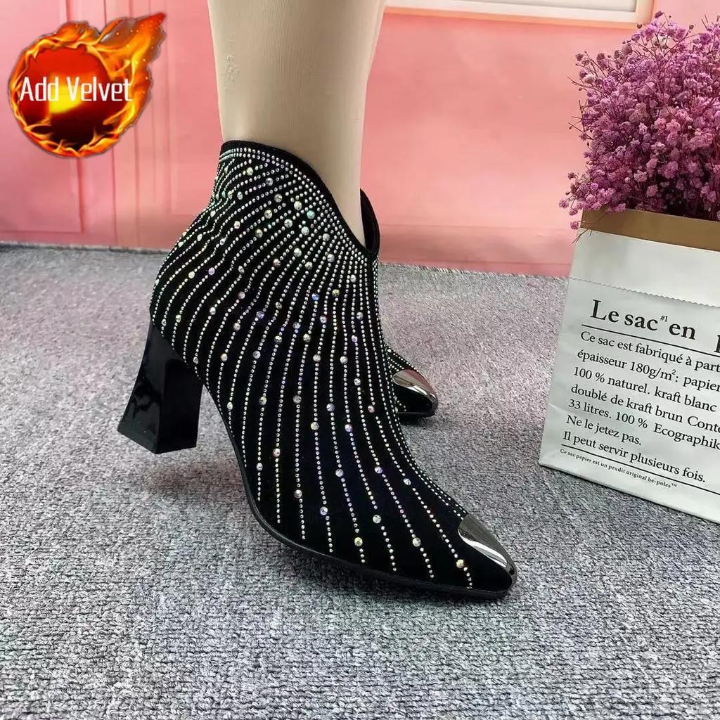 Fashion Woman Short Shoes Black Rhinestone Zip Chunky Heel Booties On Promotion Sale Boot Goth Autumn Offer New In Ankle Boots for Women