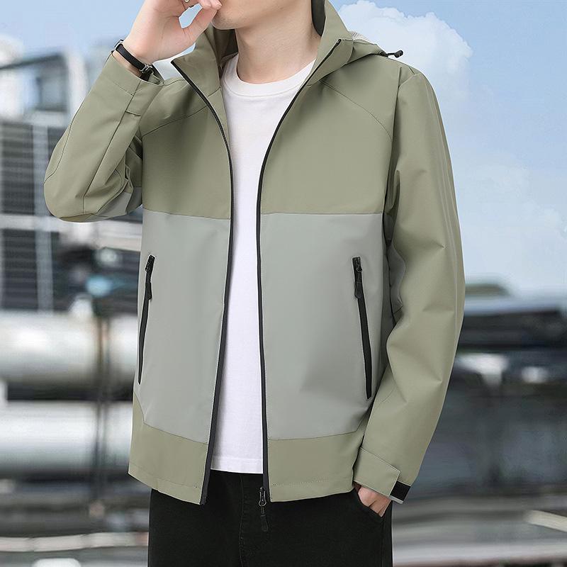 Men's Color Block Hooded Windbreaker: Waterproof, Detachable Hood, Ideal for Spring-Autumn Mountaineering.