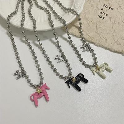 White Horse Pendant Necklace Alloy Beads Neck Chain Funny Choker Necklace  for Women