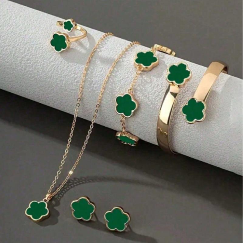 6pcs/Set Women's Same Color Lucky Flower Decoration Accessory Combination 1 Pair Of Earrings 1 Necklace 1 Bracelet 1 Bracelet 1 Ring Set Suitable