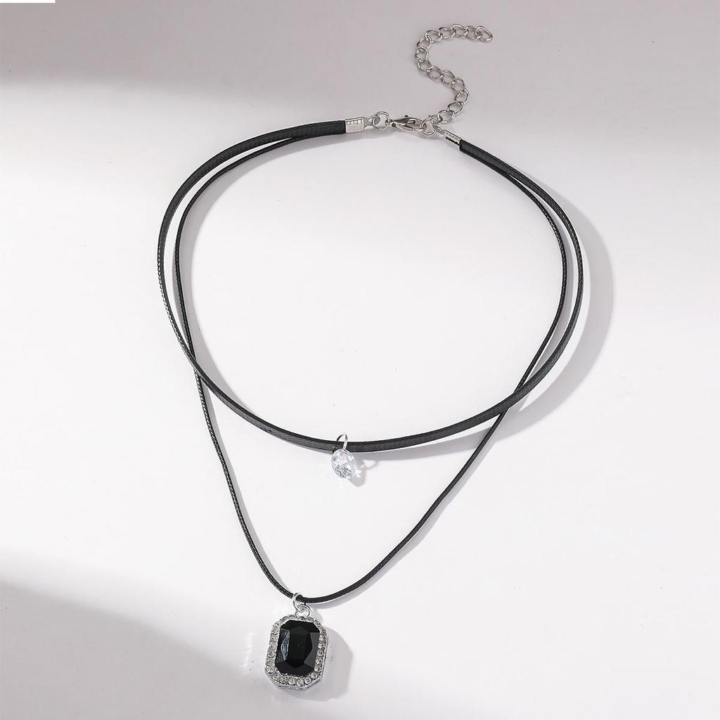 Women's Double-Layer Black Leather Choker Necklace with Crystal Pendant - Mori Style
