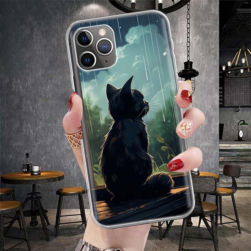 Anime Cat Rain Animal Soft Phone Case For IPhone 18 11 17 Air 16E 16 Pro Max 15 + 14 Plus 13 Mini 12 Apple 7 SE 8 Fundas Coque 11 1