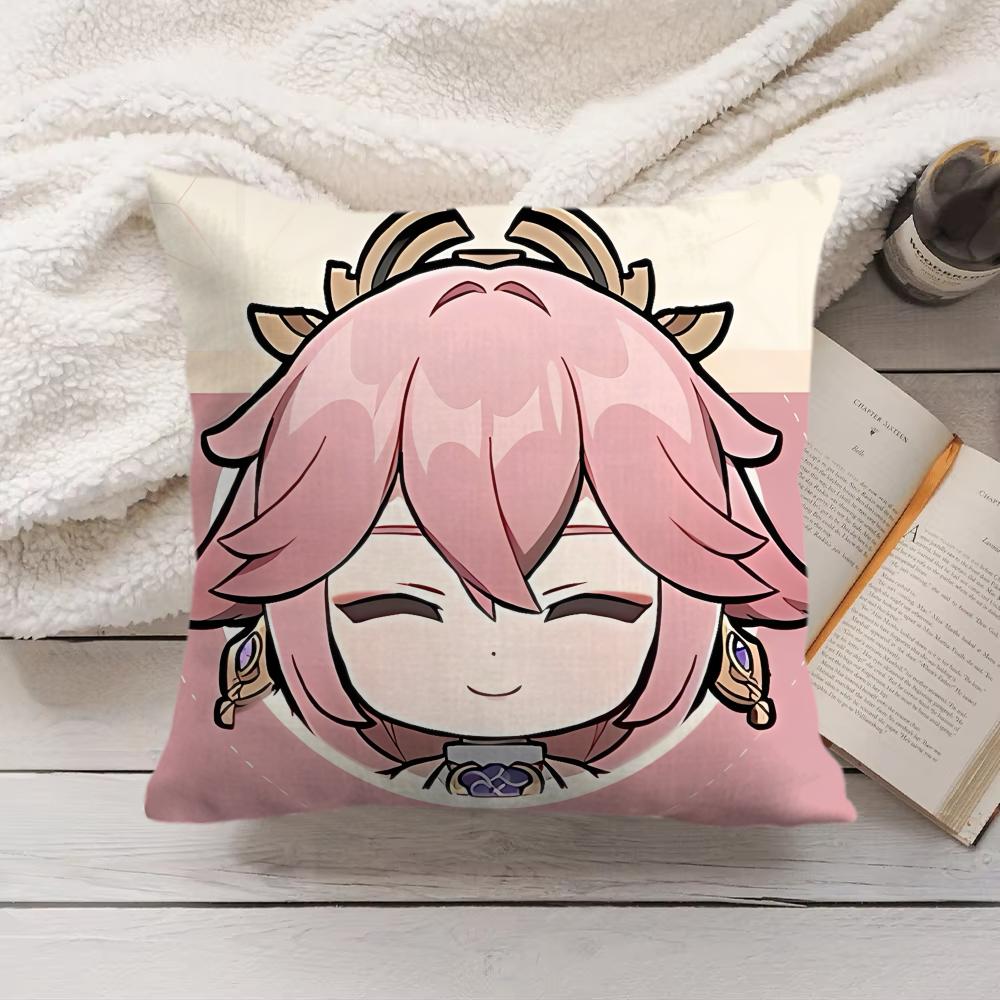 Yae Miko Cute Genshin Impact Cushion Cover Silky Short Plush Invisible Zipper Dustproof Sofa Pillow Case For Home Decor