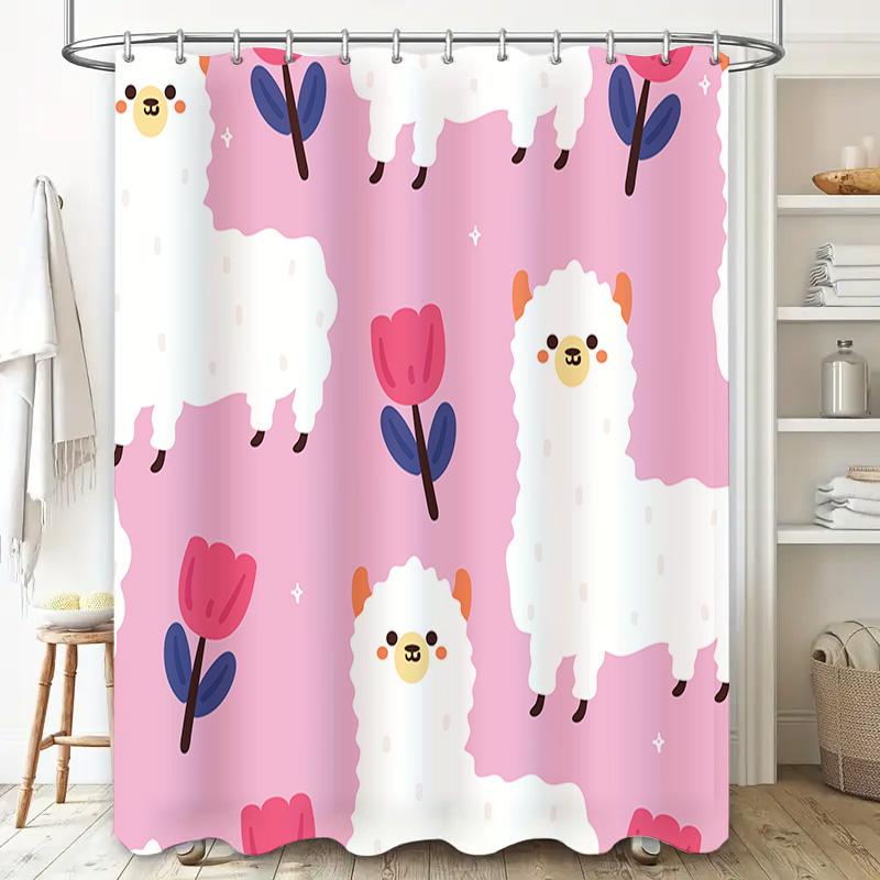 Cute Sheep Flower Print Shower Curtain for Bathroom Decoration Pink Tones with Llama Illustrations (180x240cm)