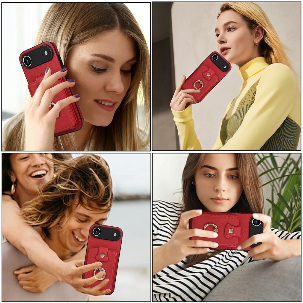 For iPhone Air Case Card Holder Ring Kickstand TPU + PU Leather Phone Cover with Long Strap