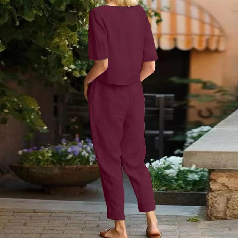 Women's Cotton-Linen Summer Set: Half-Sleeve O-Neck Cardigan & Wide-Leg Pants Retro Two-Piece