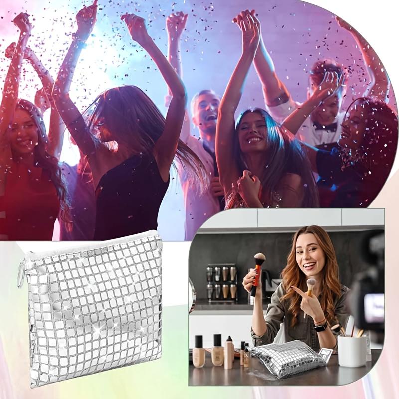 WTEMPO Disco Style Makeup Bag for Women Disco Party Favors Portable Silvery Zipper Cosmetic Bag Bachelorette Bridal Soft Bag