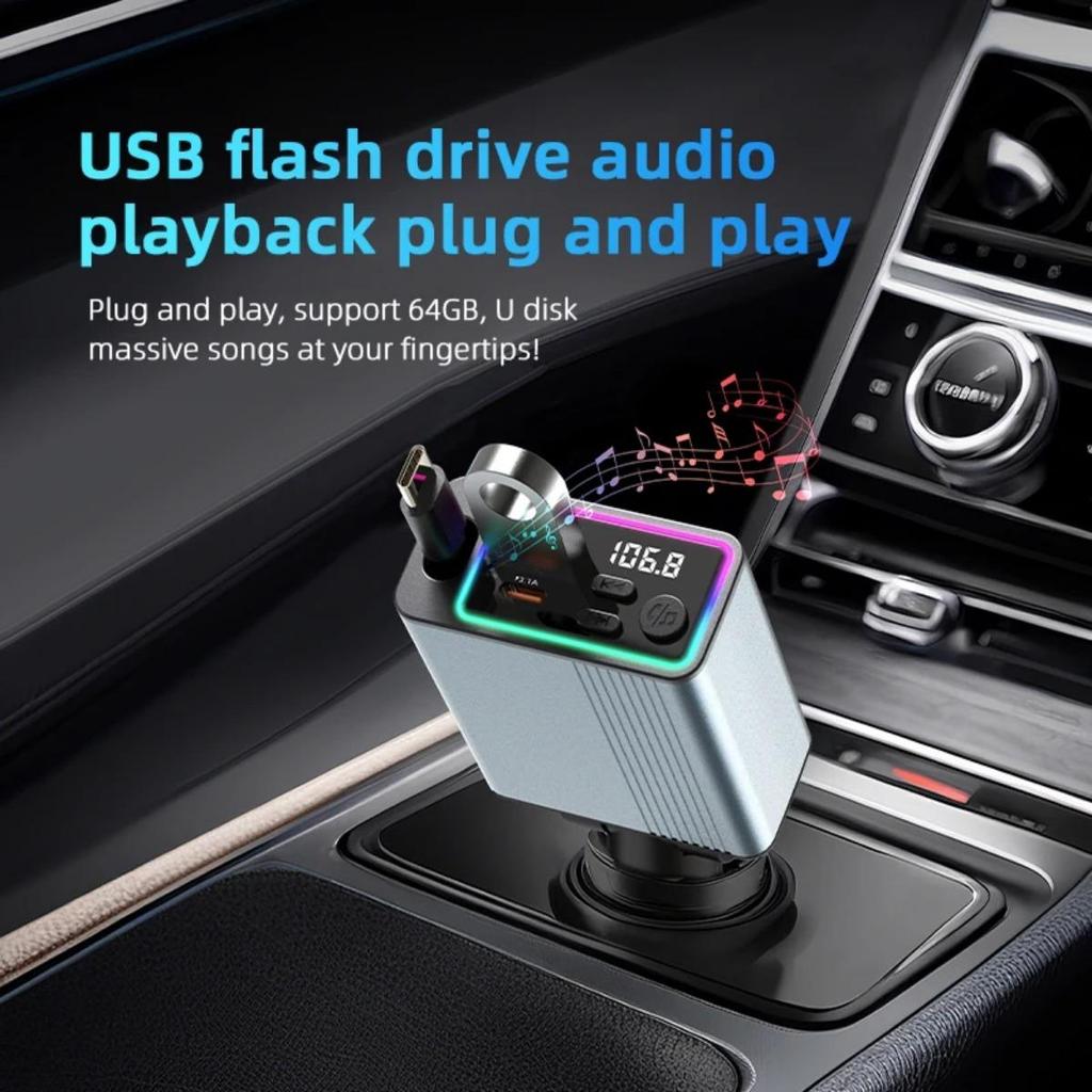 Bluetooth 5.3 Car MP3 Player Fast Charger PD USB Music Adapter with Telescopic Wire and LED Display
