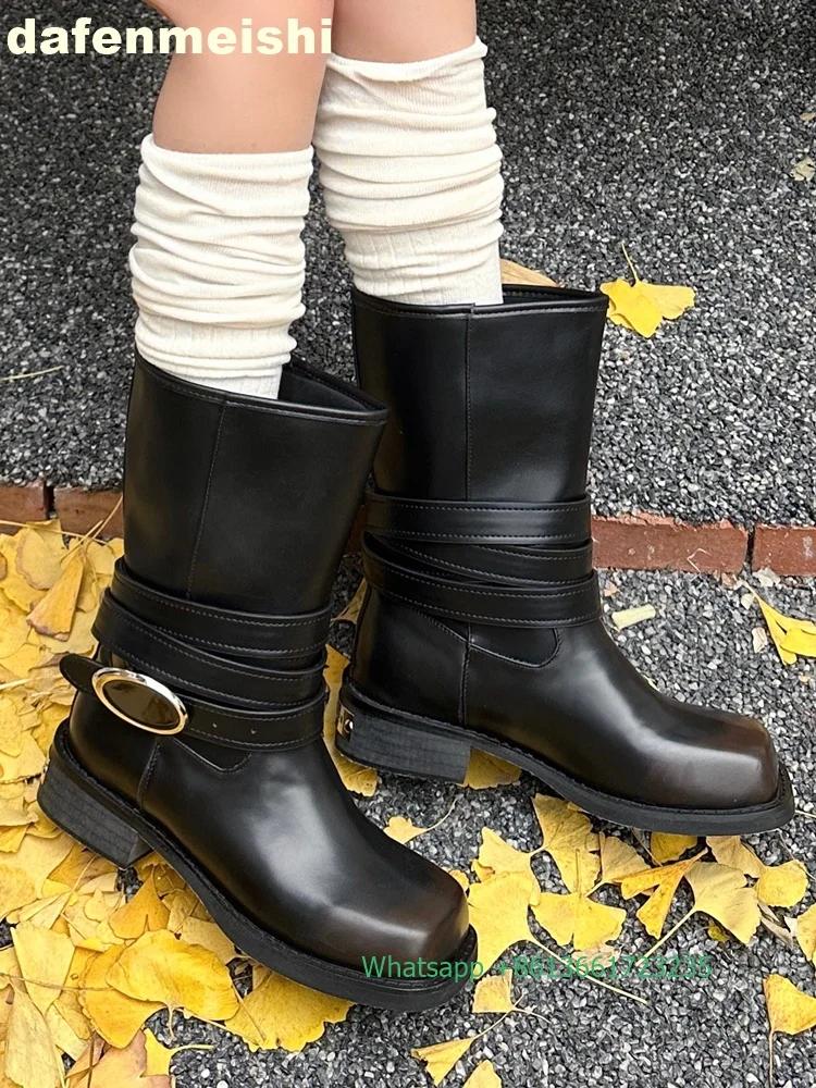 Fashion 2025 New Woman Knight Boots Ankle Straps Metal Buckle Square Toe High Boots Thick Heel Platform Western Cowboy Boots