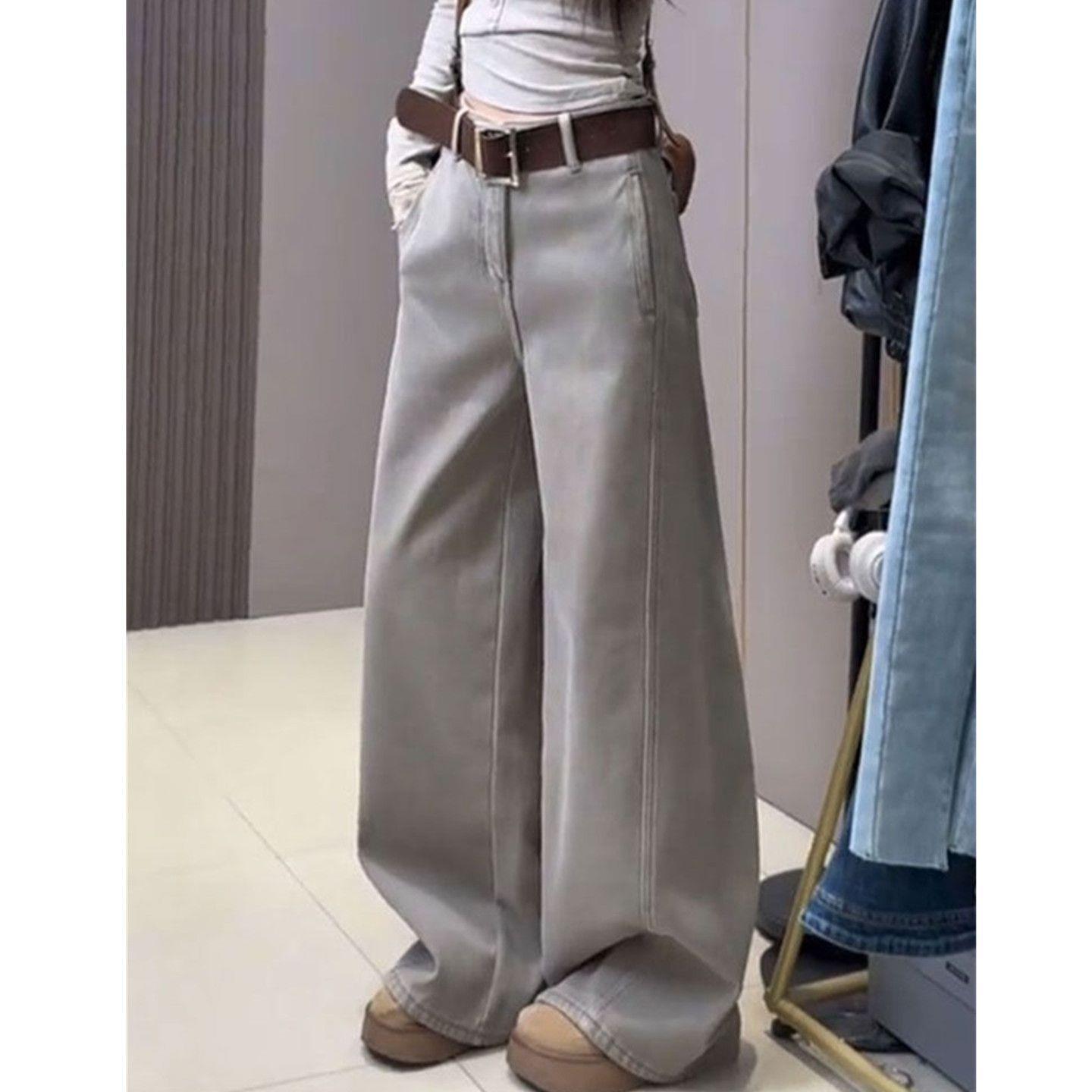 

Women s Washed Grey Scratched Jeans - 2025 Autumn/Winter Collection: Slimming Loose Wide Leg Pants Medium