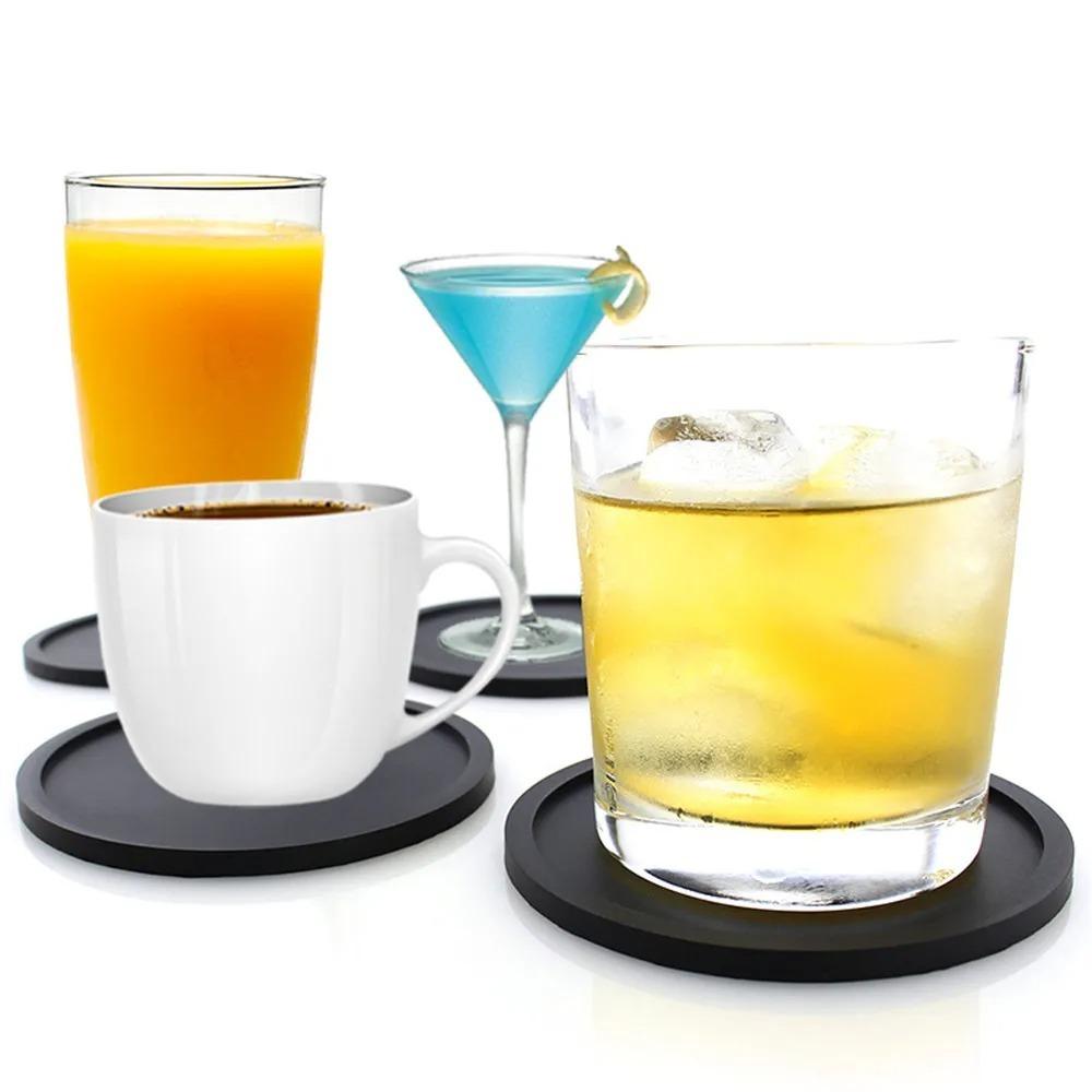 10cm Non-Slip Cup Mat Silicone Coaster Table Placemat Heat Resistant Coaster Round Coffee Cup Black Tabletop for Home Office