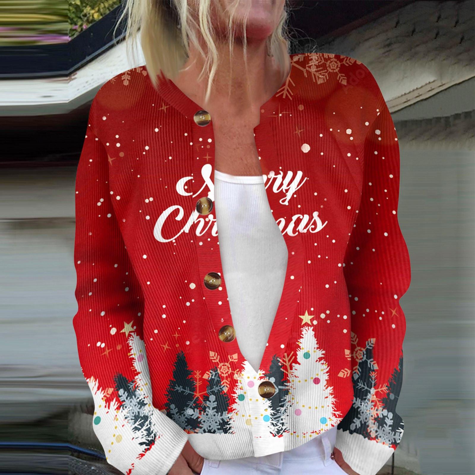 

Женская мода с длинным рукавом, рождественский принт «Снеговик-снежинка», куртка, кардиган M красный