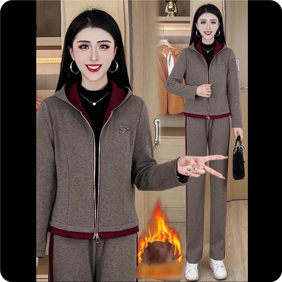 Plus Samt Dicke Pulloverjacke Damen Herbst und Winter Lässiger Sportanzug Warm Mode Hose Zweiteiliger Anzug