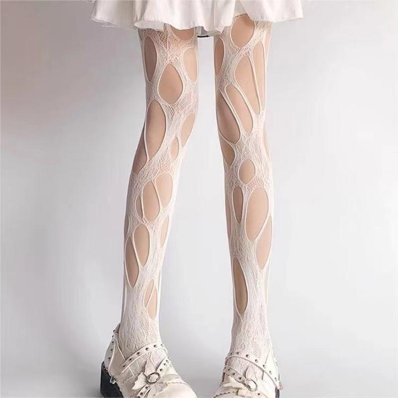 Sexy Punk Women Broken Hole Stocking Interor Fishing Net Socks Gothic Y2k Lace Torn Party Underwear Pantyhose