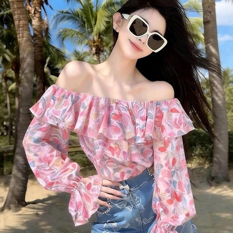 

2026 Spring New Pink Floral Off-Shoulder Top, Perfect for Seaside Vacation, French-Style Chic Shirt Pink Floral One Shoulder Top S