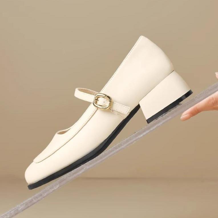 Spring Summer Women's French Style Shoes - Square Toe Chunky Heel Shoes with Metal Buckle Ankle Strap Leather Shoes