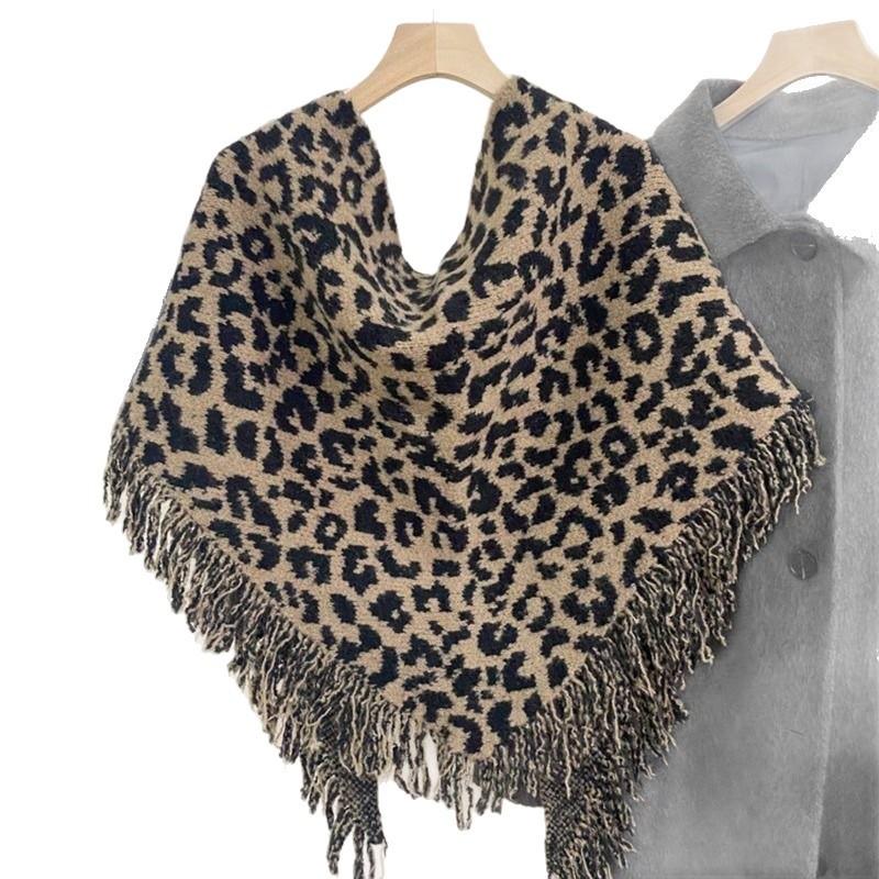 Autumn and Winter High End Versatile Wool Blended Triangle Scarf Retro Leopard Print Tassel Scarf Warm Knitted Women's Shawl
