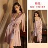 Feiyun's new satin pajamas women's cuffs splicing sexy lace lace-up pajamas bathrobes loungewear 111