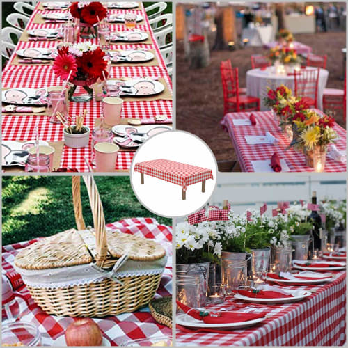 Puricon Jednorázové ubrusy, 6 kusů, 137 x 274 cm, Červeno-bílý kostkovaný vzor gingham, Obdélníkové, na večírky, svatby a další ? Červená kostka