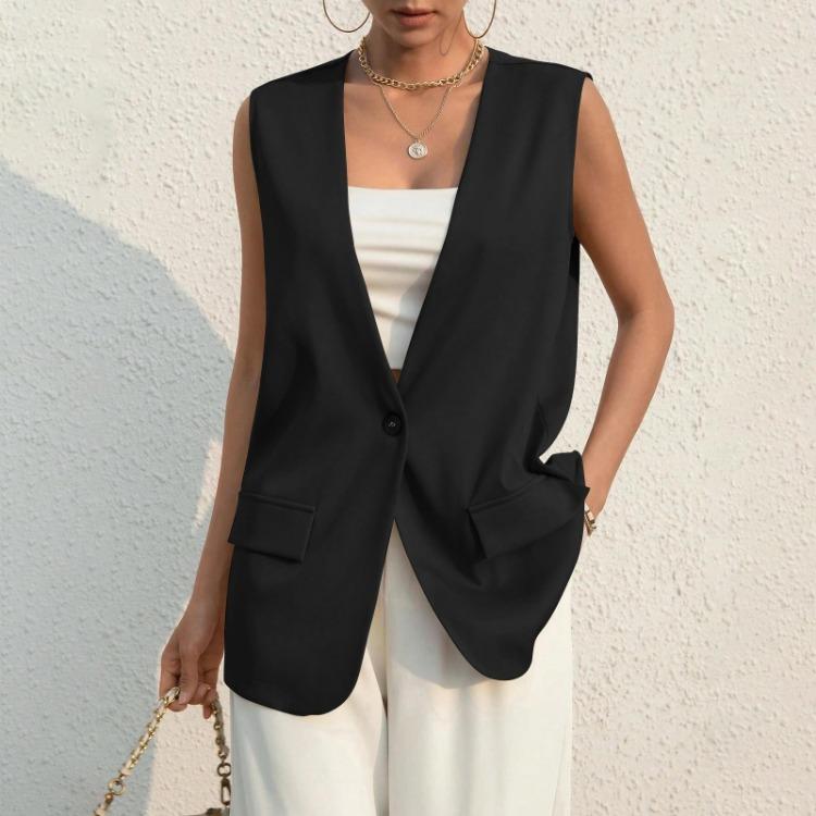 Women's Casual Summer Work Suit Vest Sleeveless V Neck Single Button Solid Color Jacket