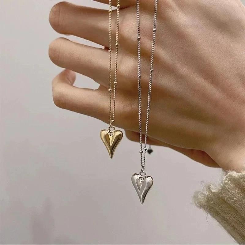 Vintage Golden Silver Color Heart Pendant Necklace for Women New Trend Girls Clavicle Chain Jewelry Birthday Gifts