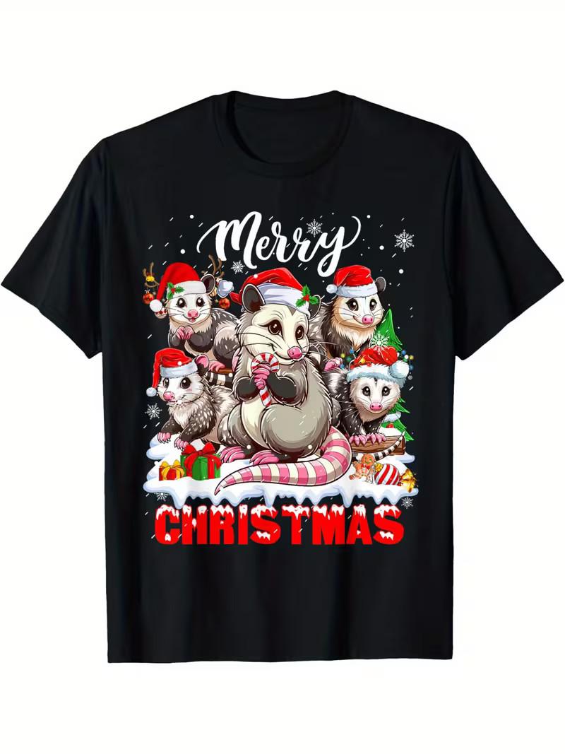 2025 Christmas Opossum Santa Reindeer Opossum Ugly Xmas T-Shirt Black casual sho S