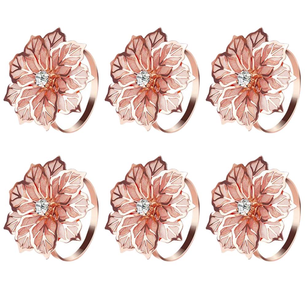 6Pcs Rose Flower Napkin Holder Floral Rhinestone Napkins Rings for Wedding Mother's Day Party Dinner Table Decor