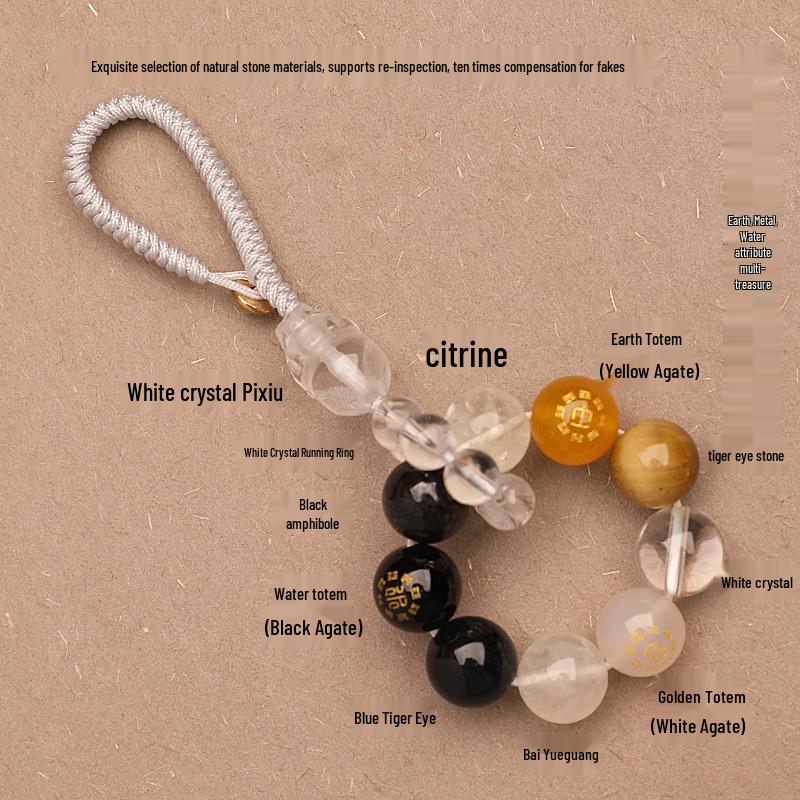 Zhenqiao Five Elements Pixiu Keychain: Wood, Fire, Earth, Metal, Water Crystal Pendant.