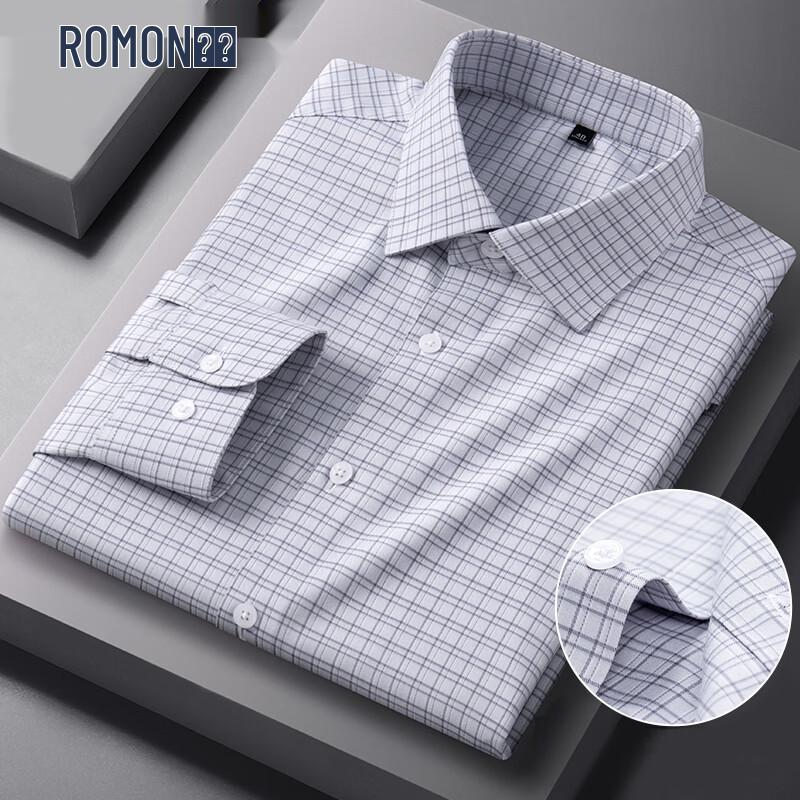 ROMON Men s Long Sleeve Business Plaid Shirt 38