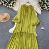 Lanterna Vintage Allacciatura Ruffle Vestito Maniche Lunghe Elegante Ampio Scollo O Moda Coreana High Street Abbigliamento Donna