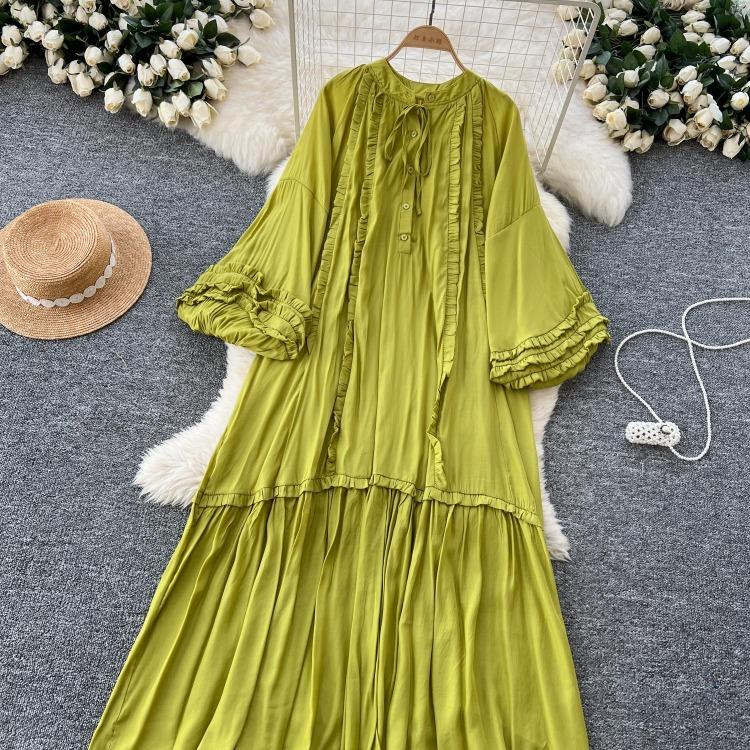 Lanterna Vintage Allacciatura Ruffle Vestito Maniche Lunghe Elegante Ampio Scollo O Moda Coreana High Street Abbigliamento Donna