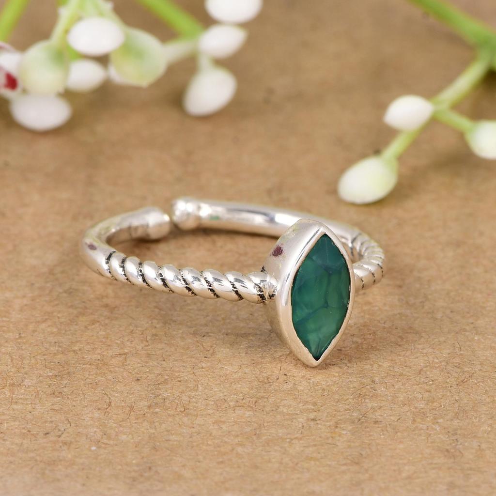 Green Onyx Marquise Ring, 925 Sterling Silver Dainty Ring, Minimalist Handmade Stacking Ring, Gift for Her.