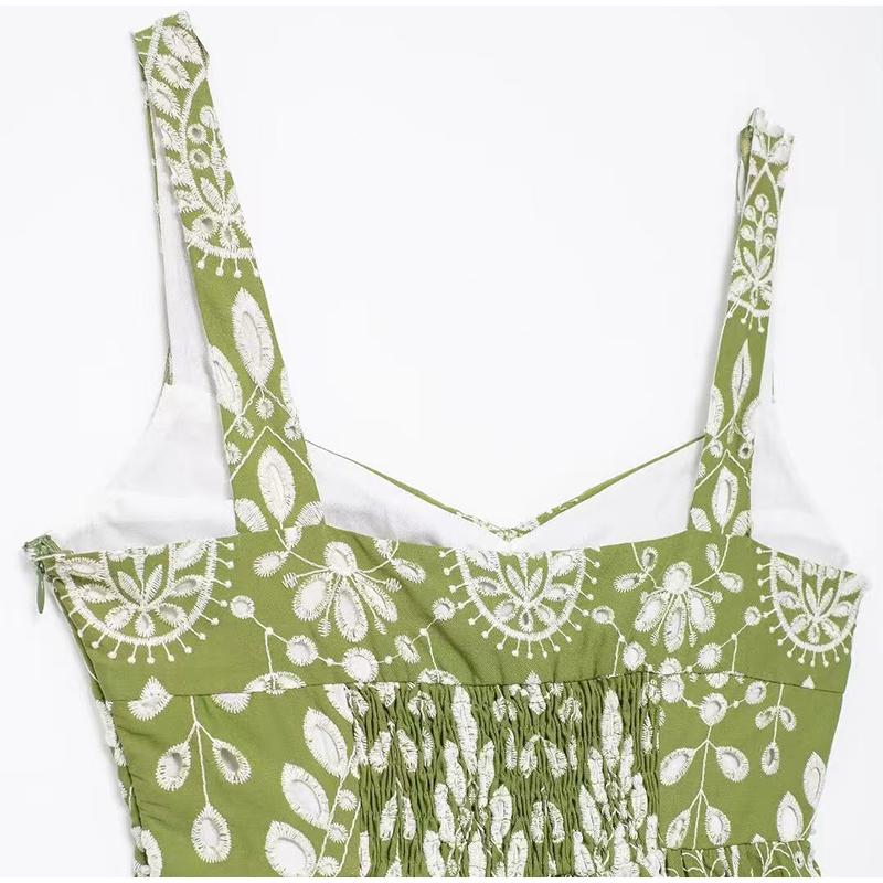 Printed Hollow Out Sling Women Dress Elegant Green Sleeveless Backless High Waist Dresses Female Summer Lady Beach Robe