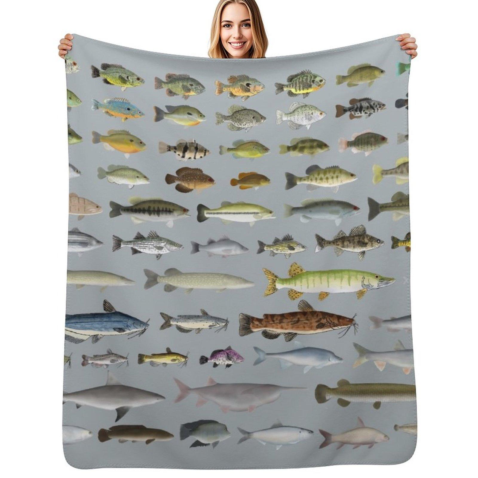 North America Freshwater Fish Group Throw Blanket Thin Soft Blanket for Summer Night Sleeping Size: 75*100cm, Weight: 230 GSM