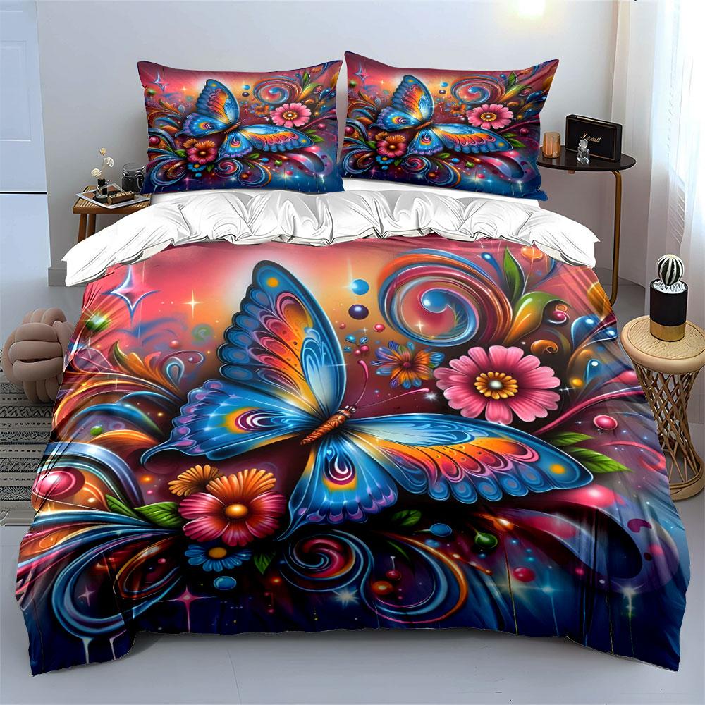 Colorful Butterfly Floral Design Bedding Duvet Cover Set (1*Duvet Cover 2*Pillowcases, Without Duvet Insert)