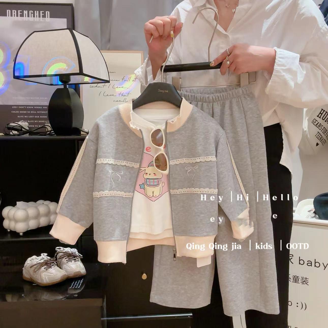 

Комплект для девочки осень-зима с бантом, однотонный детский комплект, пальто, куртка + брюки, костюм из двух предметов для детей среднего и большого возраста 170 серый