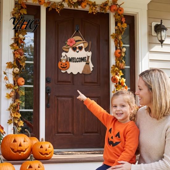 Pumpkin Theme Ornaments Halloween Ghost Welcome Door Hanger, Cute Wooden Sign with Witch Hat & Hanger Elements, Fall Indoor Outdoor Wall Decor