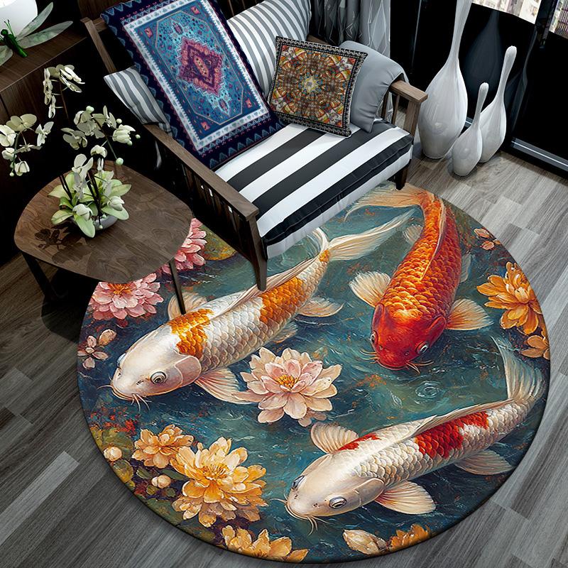 Koi Fish Round Area Rug,Carpet Rug for Living Room Bedroom Sofa Playroom Decor,Non-slip Floor Mat