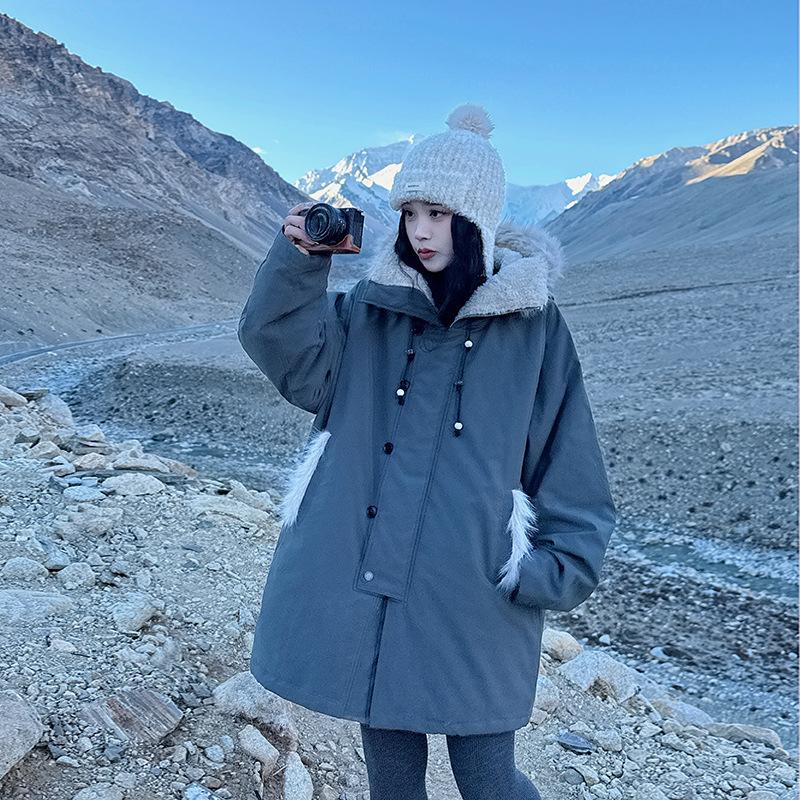 Thickened Lamb Velvet Mid-length Cotton Coat for Autumn and Winter