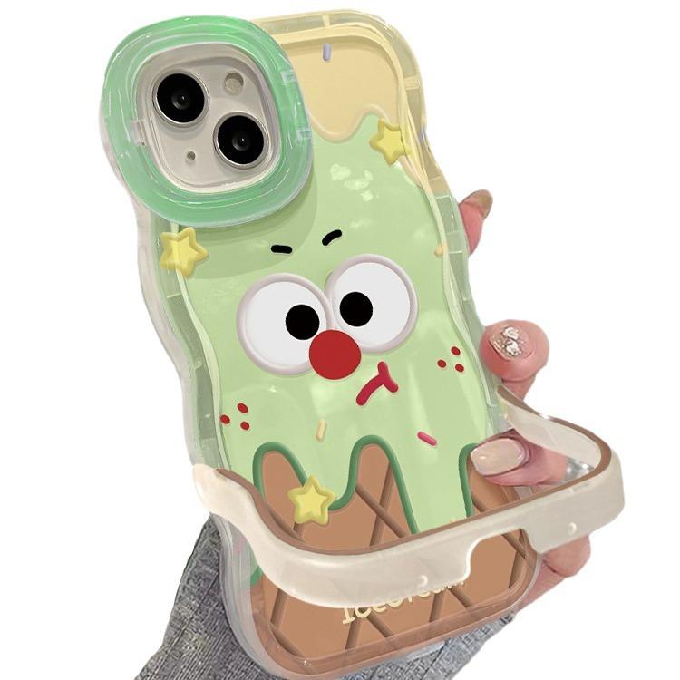 Cute Ice Cream Suitable for 16promax Apple Phone Case 15 Transparent Silicone 14 Double Bracket 13 Wavy Edge Women