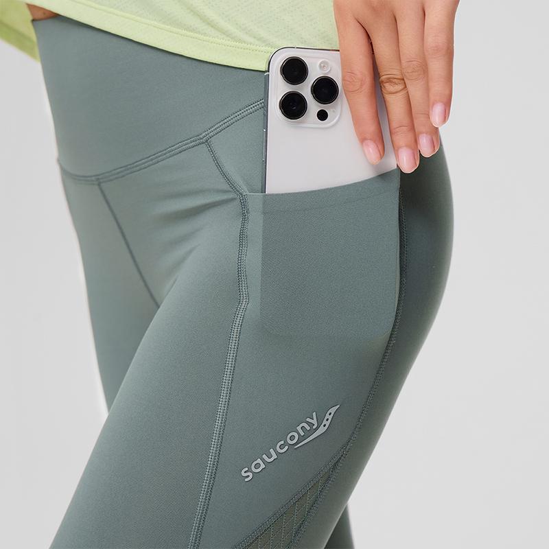 Saucony Logo Letter Splicing Mesh Design High Waist Fitness Sports Long Pants Women bottoms Grass-Green SC1249130B-GE25
